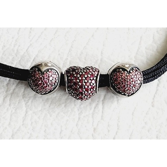 Pandora 925 Textile Multi String Bracelet  Pink Pave CZ Heart / 2 Heart Clips - Picture 3 of 14